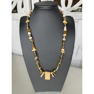 Gold-Tone Brown Stone Beaded Necklace Toggle Closure Mixed Media